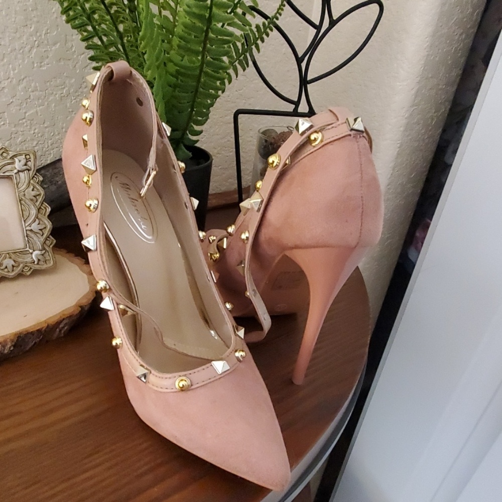 Pink studded faux suede high heels
